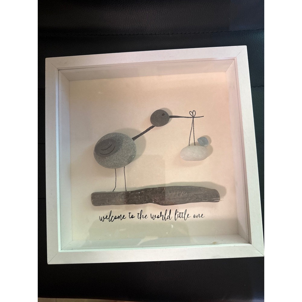 Pebble Art Stork Baby Gift Welcome to the World Little One Shadow Box Frame